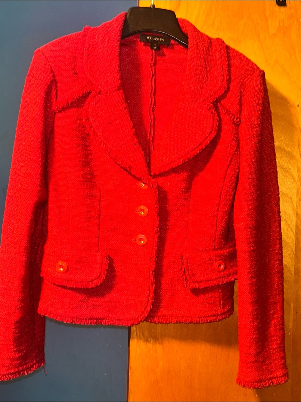 St. John jacket red fringe knit suit blazer size 10 jacket